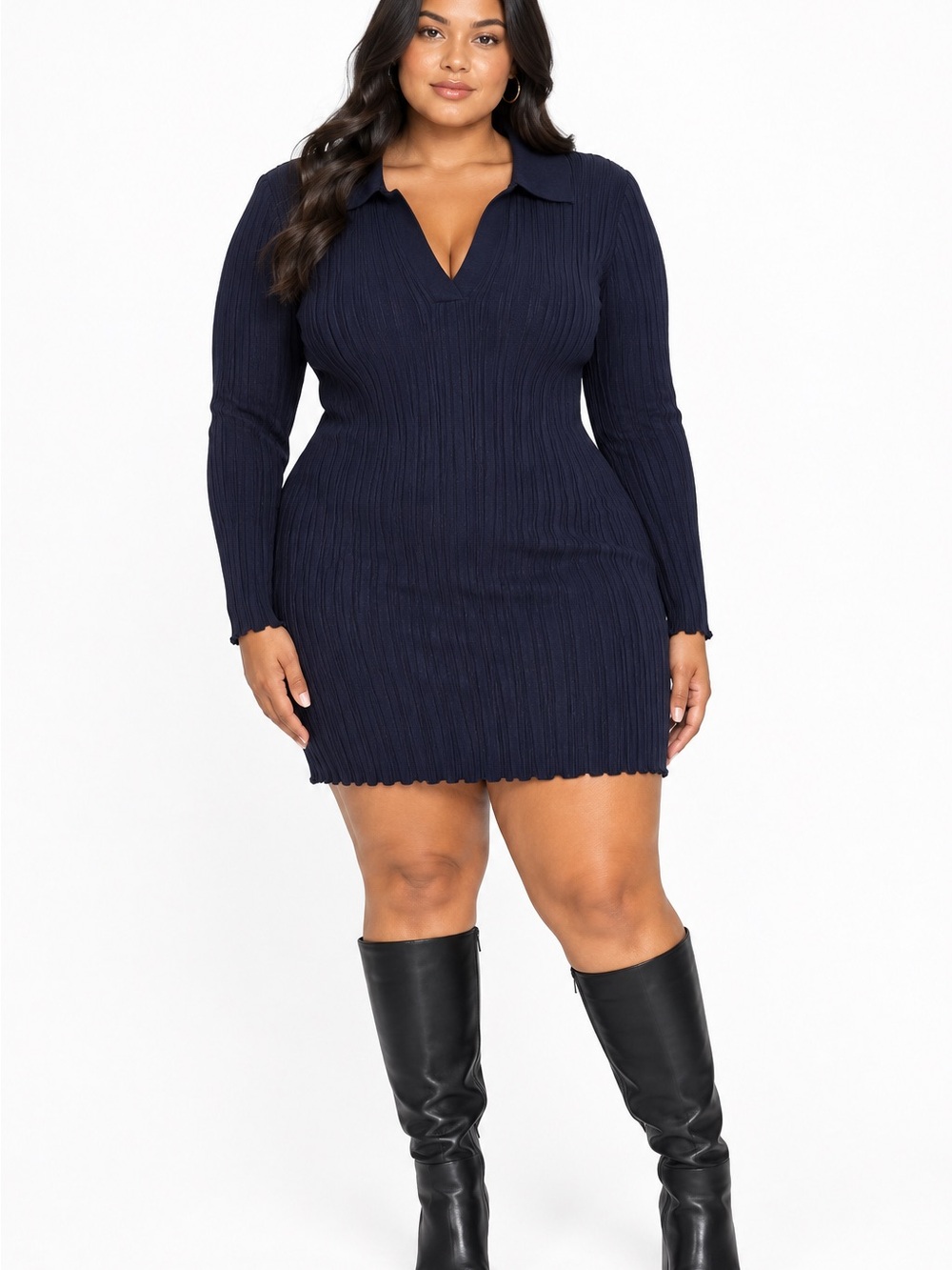 Cotton On Navy Ribbed Collared Long-Sleeve Mini Dress